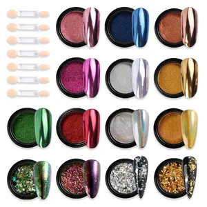 Fcozpjk Chrome Nail Powder Set 14Colors Pink Blue Silver Metallic Effect Mirror Powder for Nails With Brushes Holographic Pigment Chameleon Flakes for Nails Gold Leaf Decoration Nail Supplies