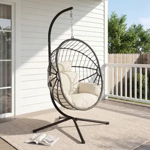 Hanging Egg Chair with Stand, Outdoor Indoor Vertical Woven Rattan Egg Swing Chair with Beige Cushion, Heavy Duty Tripod Base Patio Hammock Chair for Garden Backyard Balcony Bedroom, 350LBS Capacity, Light Beige