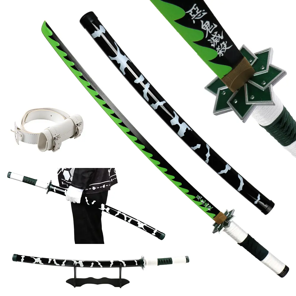 ELERVINO 41-in Unisex Anime Demon Slayer Shinazugawa Sanemi Cosplay Sword - Plastic-Bamboo Construction, White Belt, Holder Stand Display, Halloween Role-Play Prop, Christmas Gift, Wood, Decoration