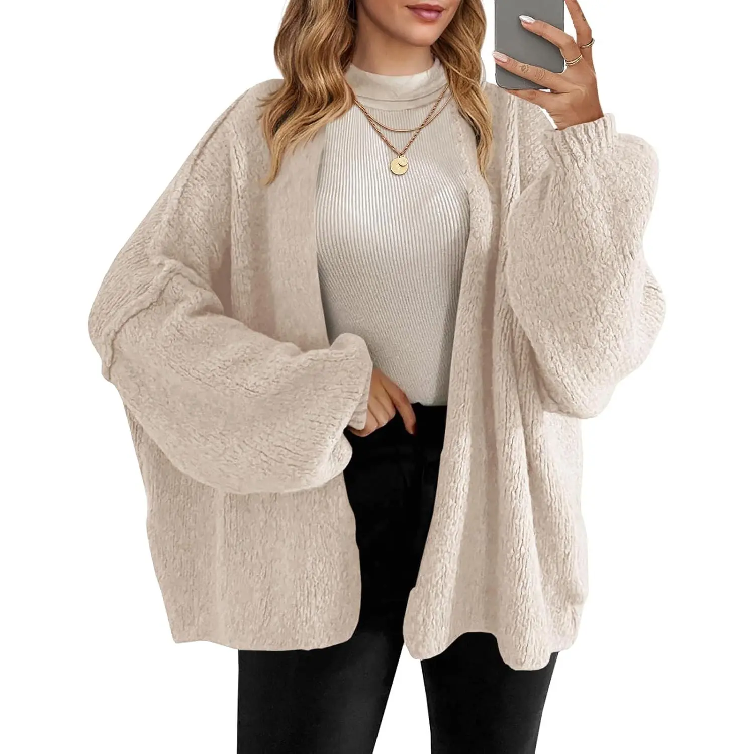 Saodimallsu Lady's Baggy Cardigan Sweater, Casual Open Front Chunky Knit Coat with Long Lantern Sleeves, Soft Fall Fabric, Knitwear, Tops, Loose, Oversized, Basics, Acrylic Blend, Cardigans, Loose Fit, Elastane, Below Hip