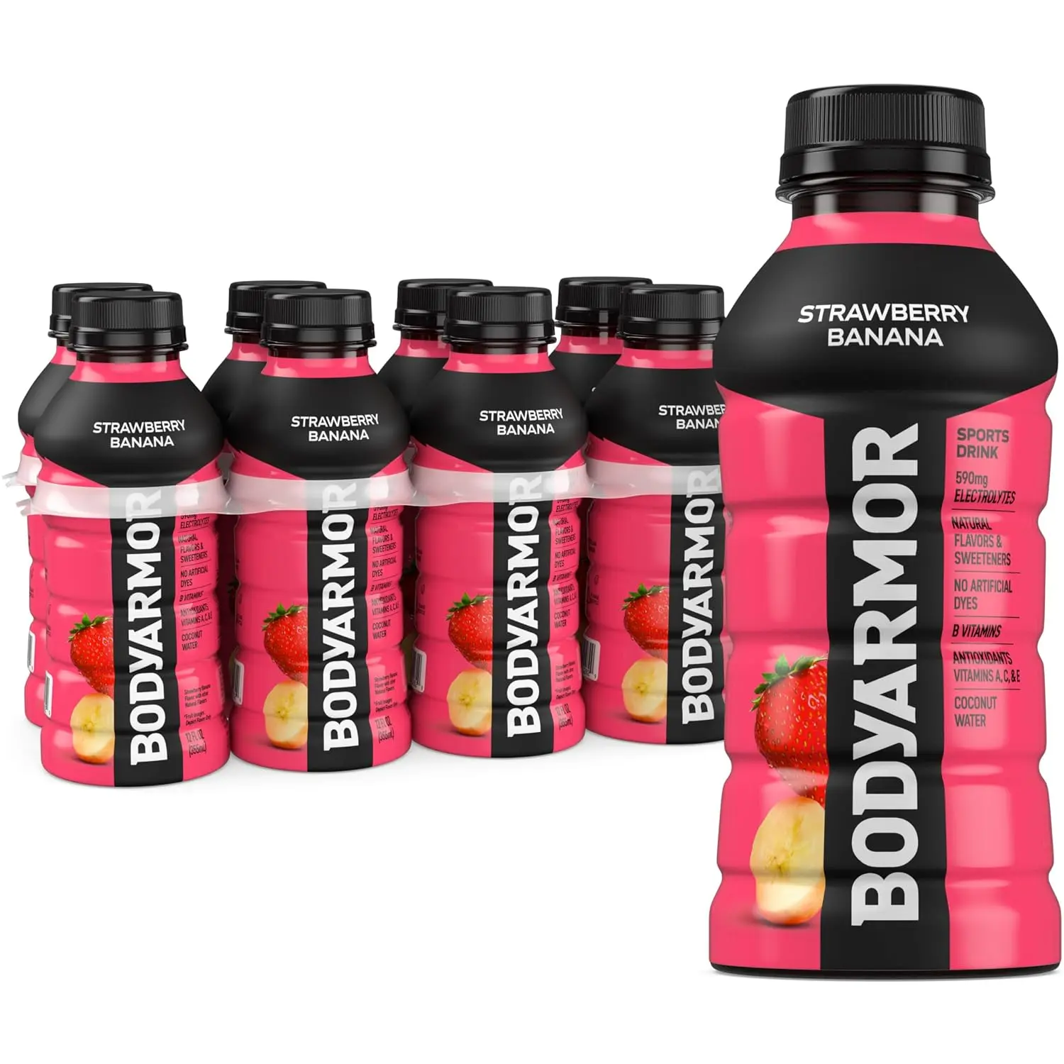 BODYARMOR Sports Drink, Strawberry Banana, Electrolyte Drink Hydration, 12 Fl Oz Bottles (8 Pack), Flavored Coconut Water with B Vitamins & Antioxidants | Coconut Water Hydration Drink, Flavored Water Sport Beverage, 590mg Electrolytes