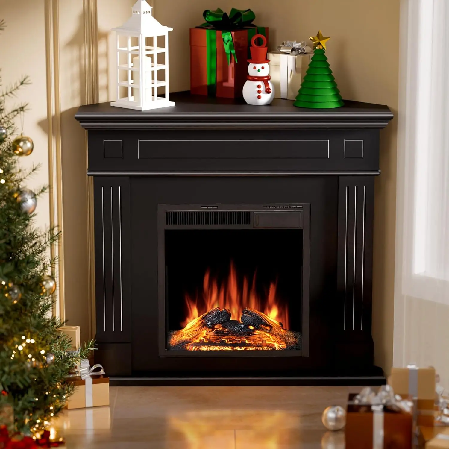R.W.FLAME Black Corner Electric Fireplace with Mantel - LED Flame, Silent, 7 Optional Brightness Adjustable TV Stand Heater with Remote Control for Home Living Room, Bedroom