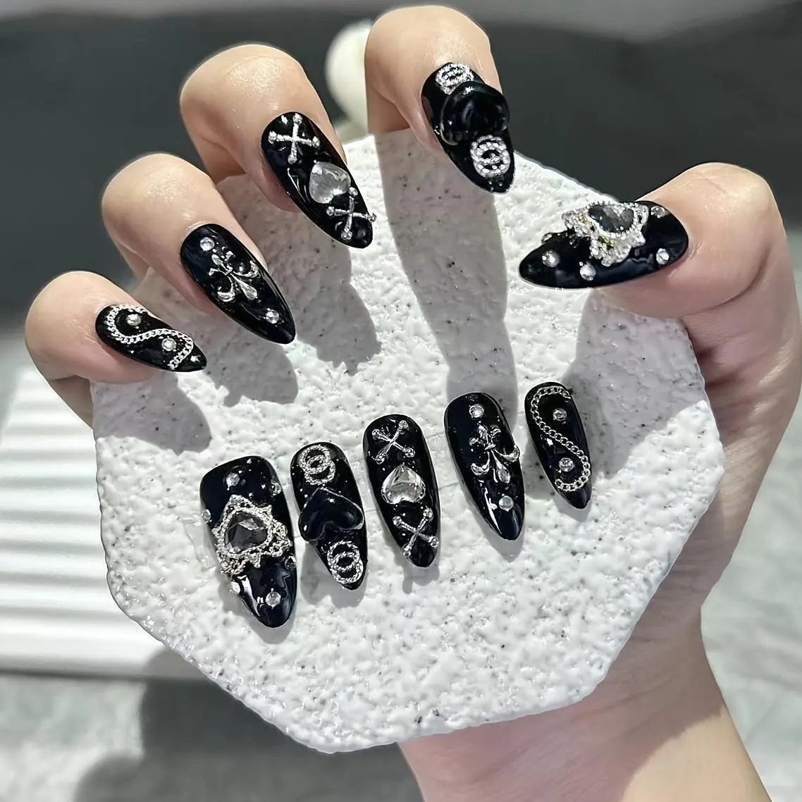 10 Pieces Handmade Wear Nail Dark Mine Series Dark Spicy Girl Style Nail Patch Black Nail Art Finished Fake Nails