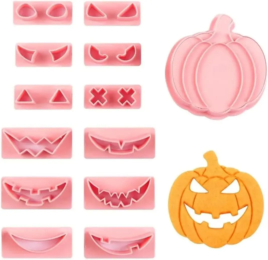 13Pcs 3D Hollow Out Halloween Cookie Cutter Set Pumpkin Face Cookie Biscuit Mold Fondant Embosser Stamps DIY Baking Cake Decorating Tools for Halloween Party (A)
