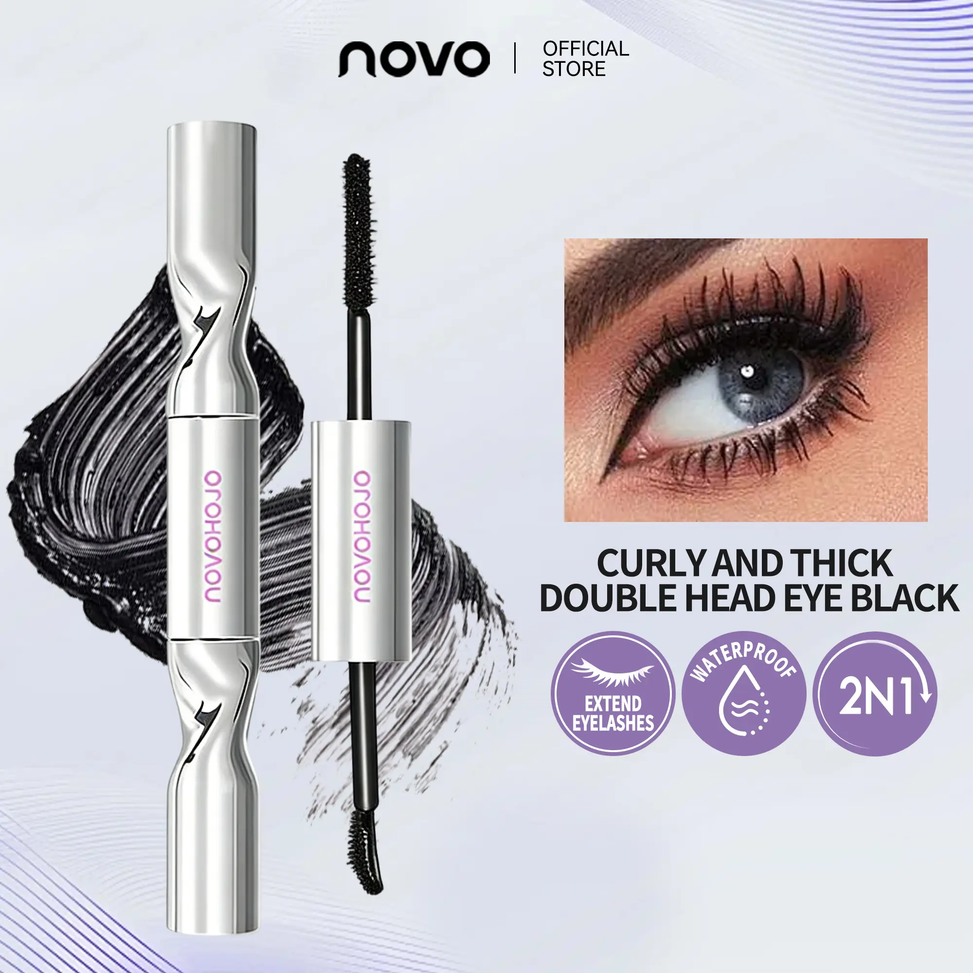 NOVO 2-in-1 Double-Sided Mascara Tube - Curl & Lock, Volumizing, Lengthening, Brightening, Nourishing, Water-Resistant, 24-Month Shelf Life, Smudge-Proof All Day