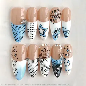 10Pcs Y2k Handmade Blue Zebra Leopard Press On Nails, Stiletto Nails, Long Nails, Nude French Tip Fake Nails, Glossy Star Rhinestone Nail Art For Women and Girls Spring and Summer