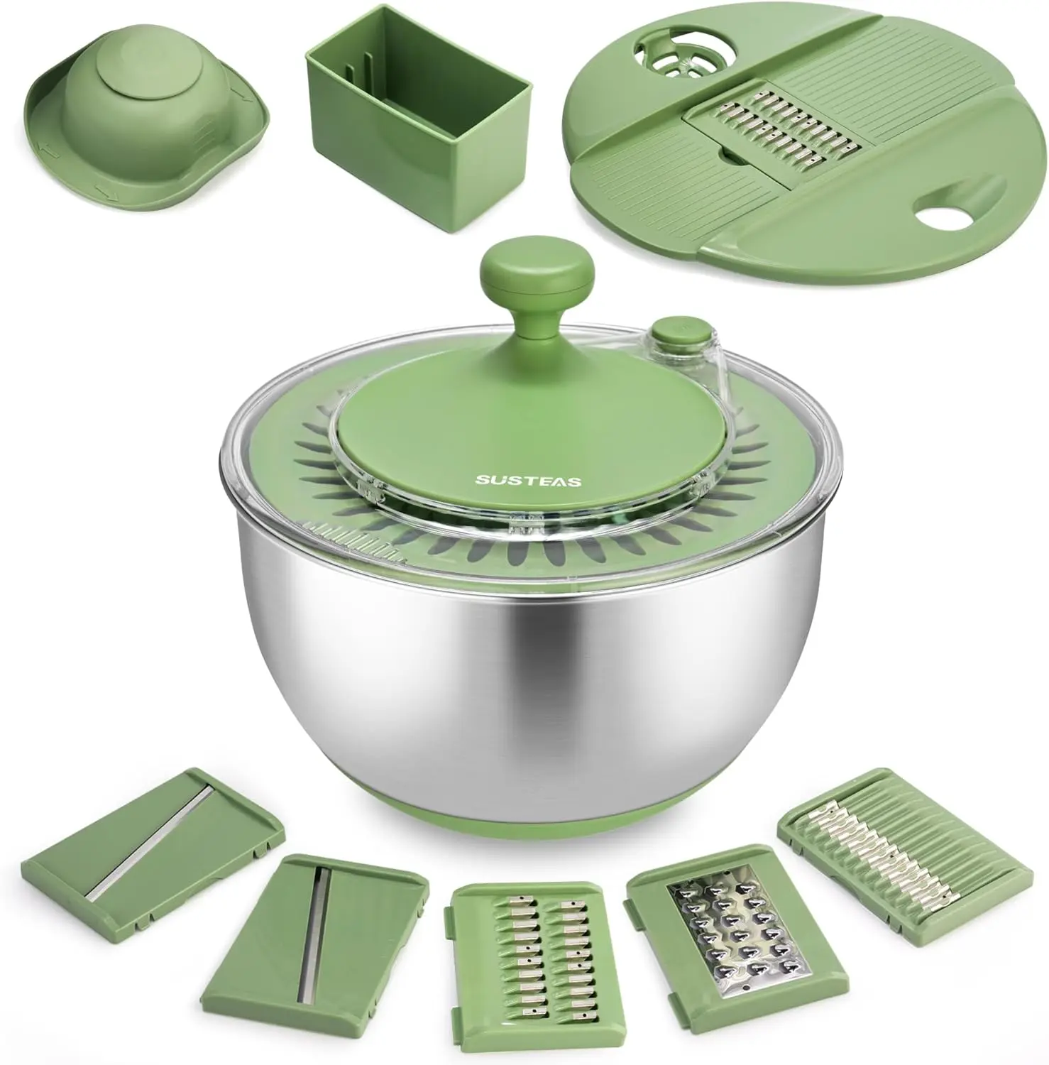 3-in-1 Large Stainless Steel Salad Spinner (4.25Qt) - Kitchen Food Prep Utensils with Vegetable Cleaning Basket, Fruit & Herb Lettuce Dryer, 5 Different Blades Slicer, Shredder, and Egg Yolk Strainer Traditional Vegetable Cutting Slicer Vegetable Fruit Cu