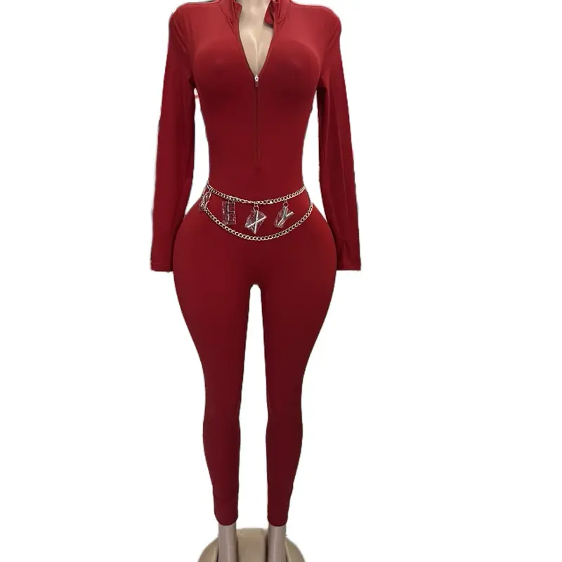 Junpsuit Deportivo Casual Top Quality Red Long Sleeve Zipper Front Jumpsuit with Rhinestone Belt