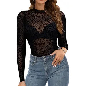 Mesh Long Sleeve Top for Women, Lace Sheer Tops See Through Mock Neck Floral Embroidery Sheer Blouce Fishnet Shirt