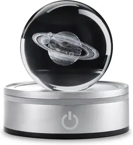 3D Planet Model Crystal Ball Night Light - 60mm Glass Figurine with Six-Color LED Base, Science Astronomy Birthday Gifts, Home Bedroom Decoration