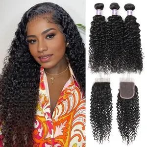 Allove Kinky Curly Bundles With Closure 4x4 Inch Human Hair Bundles With Closure Free Part 3 Bundles With Closure Quick Weave Extensions