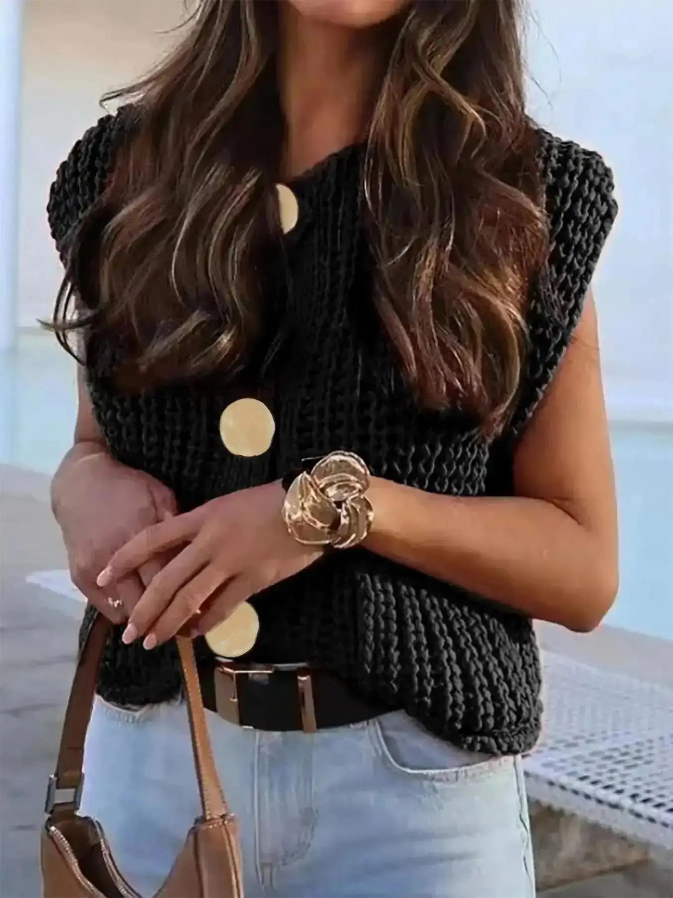 Women's Plain Button Front Pocket Sweater Vest, Casual Sleeveless Round Neck Knitwear for Spring, Fashion Women's Knit Clothing for Daily Wear, Tops, Warm, Chic, Cute, Durable, Comfy