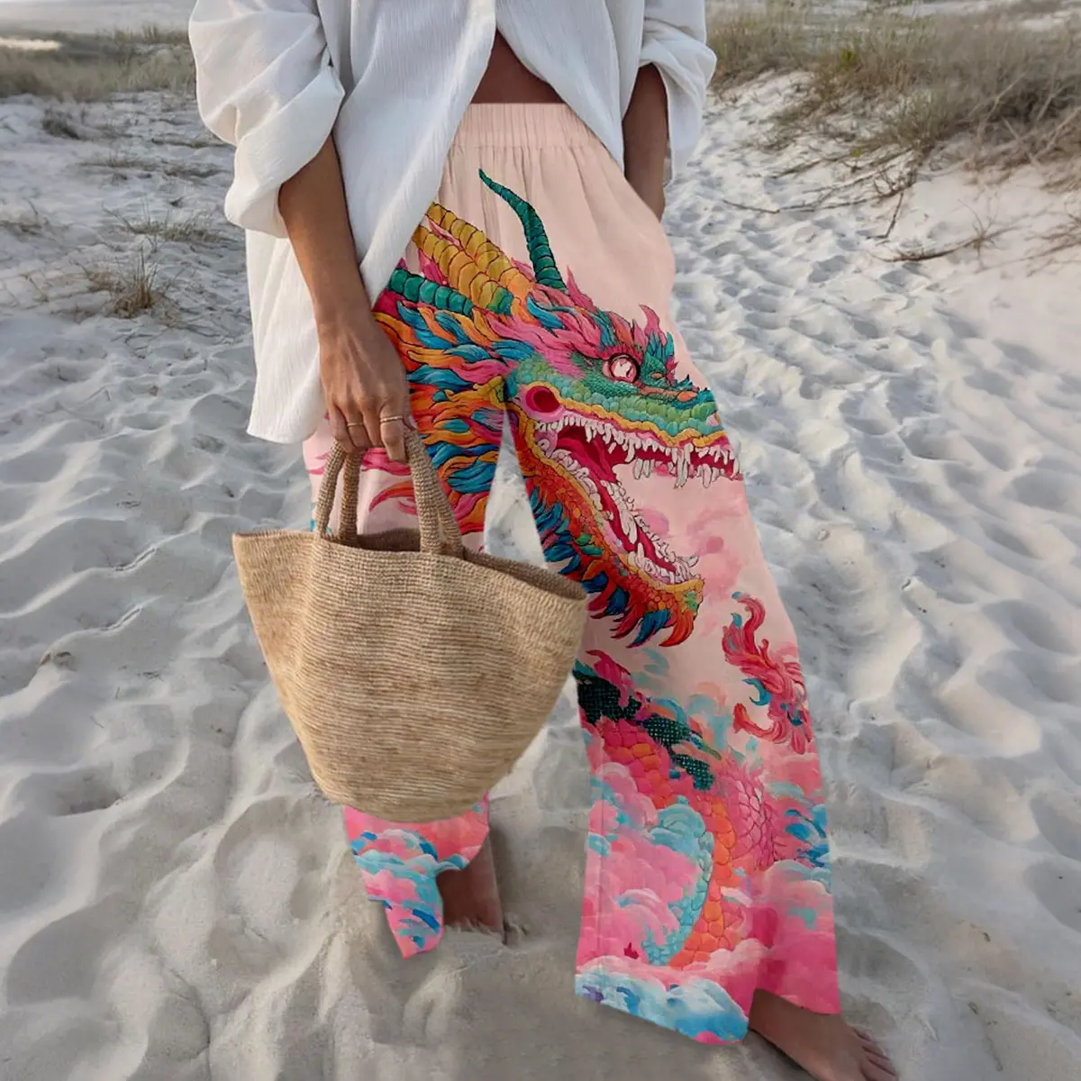 Women's Eastern Style Blush Pink Dragon & Auspicious Cloud Print Palazzo Pants - Smooth, Breathable, Lightweight Bottoms for Vacation, Matching Shirt Compatible, Bag, Bohemian