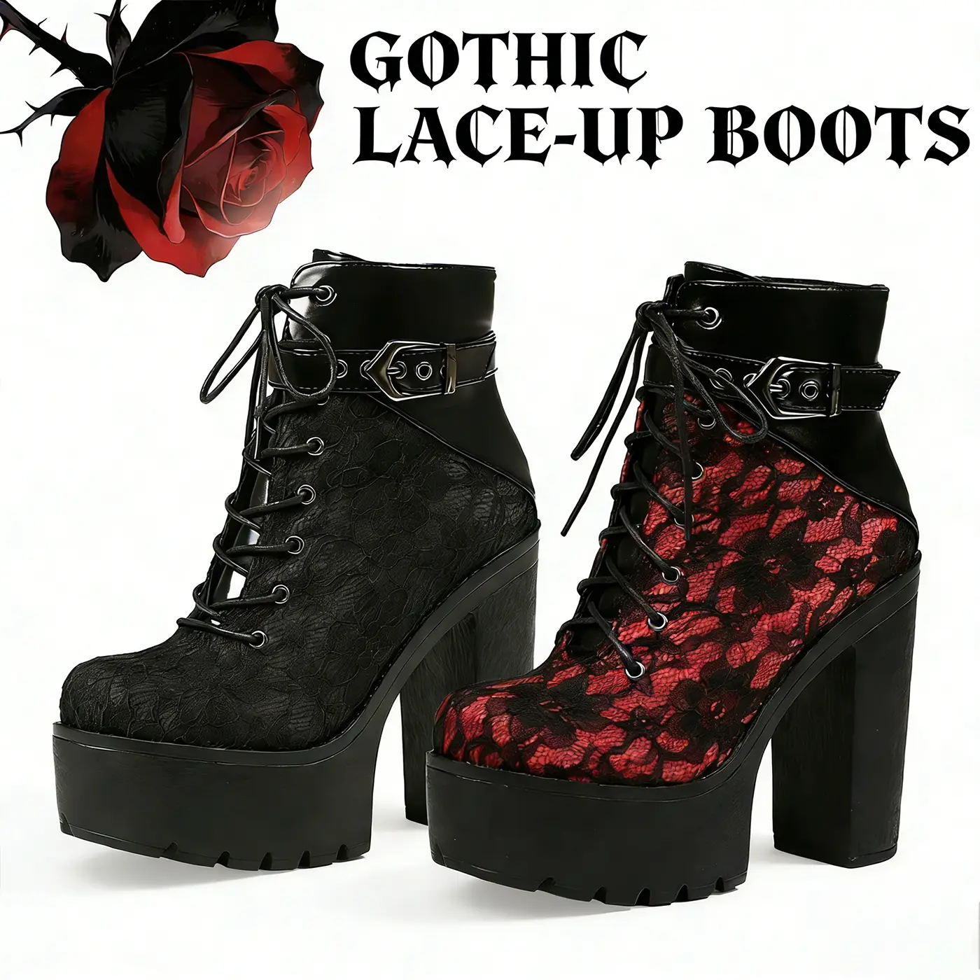 Pre Order Custom Made Women's Gothic Vintage Lace Red High Heel Ankle Boots with Ankle Strap Platform Sole Women Boots Lace Splicing Platform Chunky Heels Gothic Ankle Boots Classic Round Toe Lace up Zipper design Fashionable Footwear