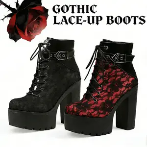 Women's  Gothic Vintage Lace Red High Heel Ankle Boots with Ankle Strap Platform Sole Women Boots Lace Splicing Platform Chunky Heels Gothic Ankle Boots Classic Round Toe Lace up Zipper design