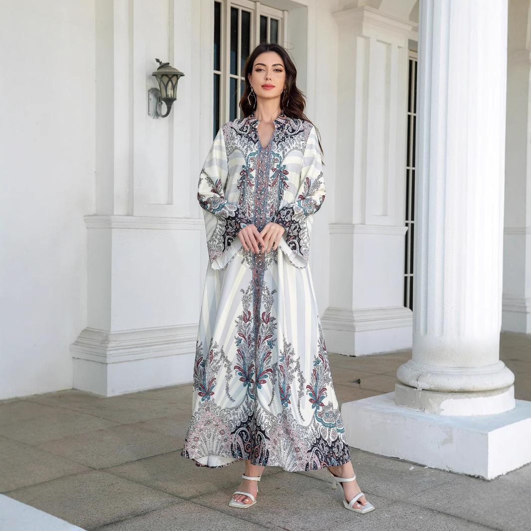 Muslim Ladies Long Dress Printed Diamond Embellished Stand Collar Abaya New Style Cross-Border Middle East Clothing