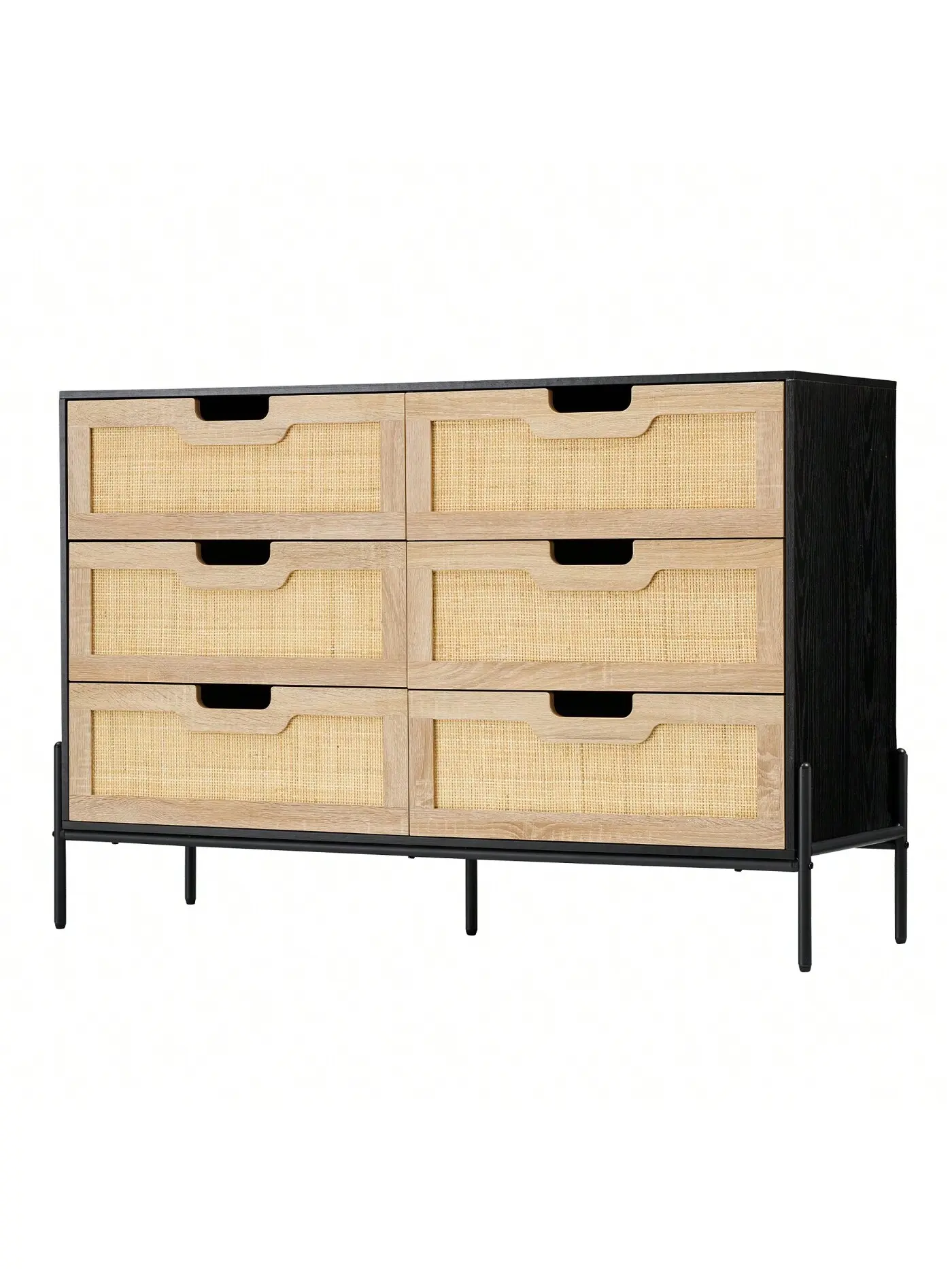 Black+Oak Rattan Mesh Drawer Dresser Cabinet - 6-Drawer Tall Bohemian Openwork Grip Unit, Wooden Storage Organiser for Bedroom, Living Room, Rattan Mesh Drawers