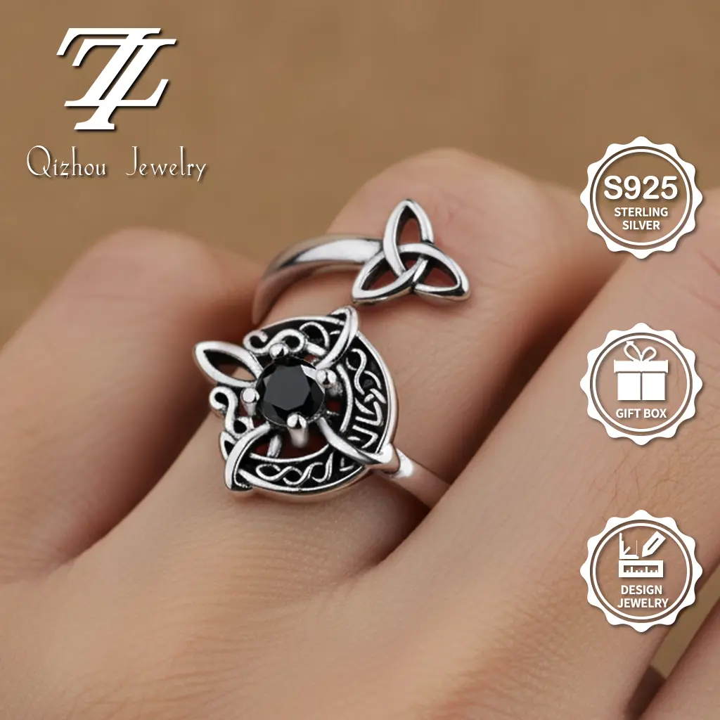 Women's Adjustable Black Diamond Accent Moon Witch Knot Costume Ring - Goth, Alternative Artistic, Witchy Stuff, Adjustable Stackable Ring, Mystic Fashion Accessory, Meaningful Gift with Included Gift Box, Accessories For Women, Meaningful Gifts