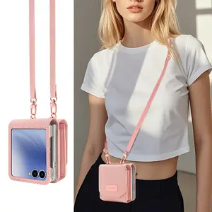 Fashion PU Leather Card Holder Wallet Phone Case Cover Accessories For Galaxy Z Flip 7/6/5/4/3 With Crossbody Long Strap
