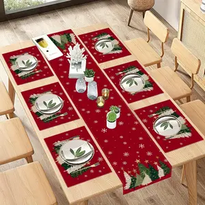 7Pcs Christmas table flag and placemat set, decorated with Christmas tree, snowflake, holiday elements, farmhouse dining table decoration, suitable for kitchen, dining room, indoor and outdoor dinner party decoration, Table Runners