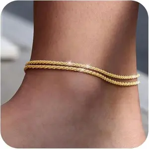 Glitter Waterproof Adjustable Anklet Gold Tone Sparkling Beads Fashion Accessory for Women Fashionable Jewelry Versatile