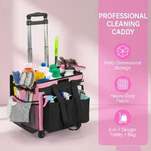 Large Rolling Cleaning Caddy Bag with Detachable Trolley, Waterproof Cleaning Caddy on Wheels for Housekeepers, Cleaning Cart Supplies Organizer for Home,Car,Office,Picnic (Pink)