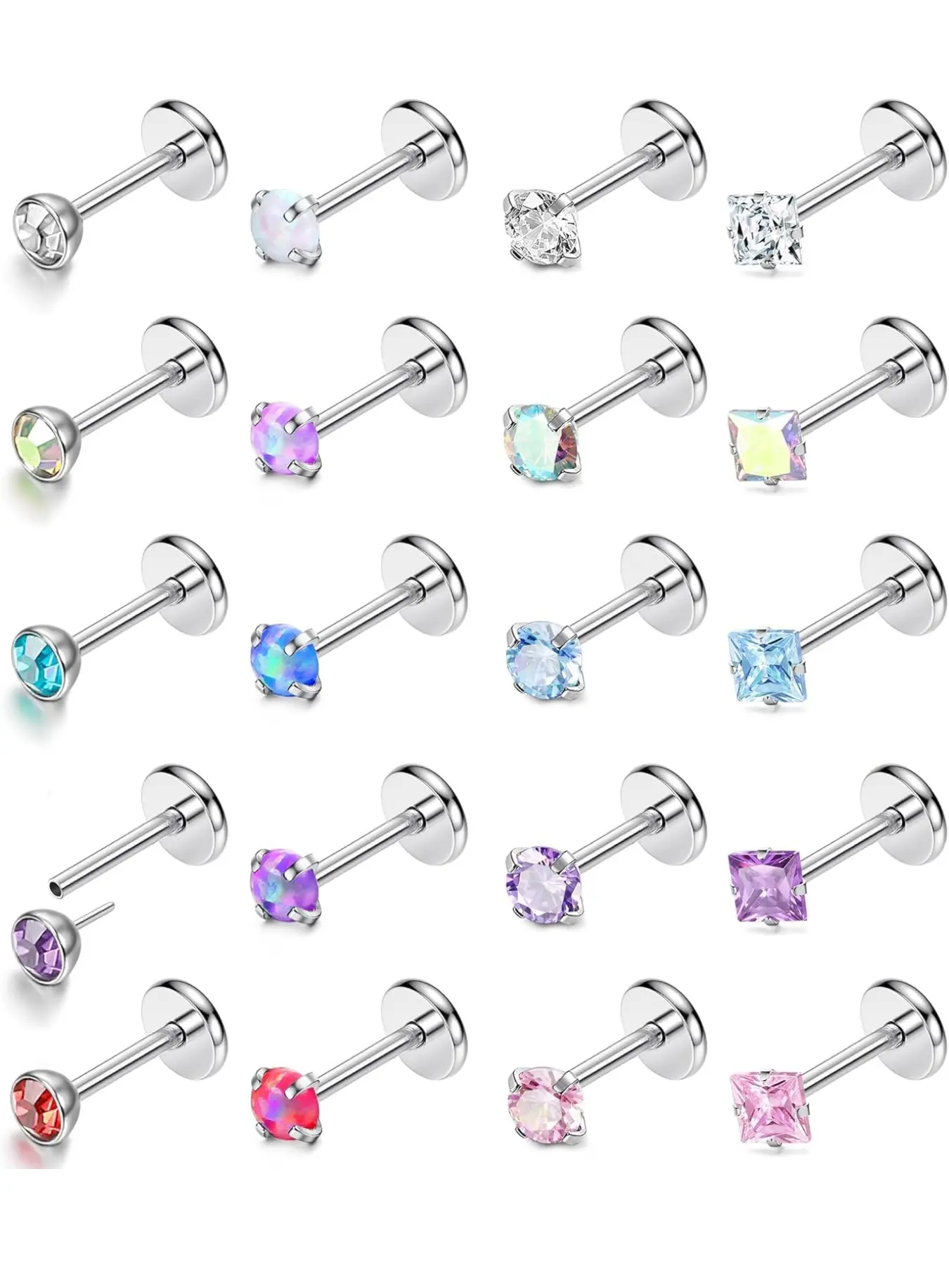 20pcs Flat Back Nose Studs Set in Surgical Steel, Hypoallergenic Threadless Tragus Earrings, Push in Flatback Cartilage Labret for All Seasons, Nose Piercing Jewelry, Flat Pierced Jewelry, Body Piercing Jewelry, Piercings Jewelry