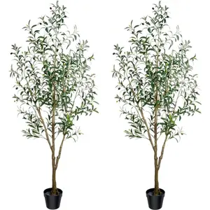 Premium Faux Olive Tree - 6ft Artificial Indoor Plant With Realistic Green Leaves & Olives, 1/2 Pack Tall Silk Tree Black Pot, Easy-Care Decorative