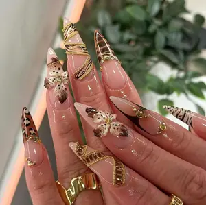 HelenNails – Autumn Brown Press On Nails | Chic Tortoise Shell Nail Set with 3D Flowers | Handmade Luxe Fall Nails | Neutral Animal Nails – HL597