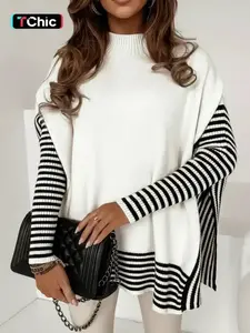 Women's Striped Patchwork Print Batwing Sleeve Split Hem Sweater, Casual Long Sleeve Mock Neck Jumper for Fall & Winter, Fashion Ladies' Knitwear for Daily Wear, Knit Pullover Top