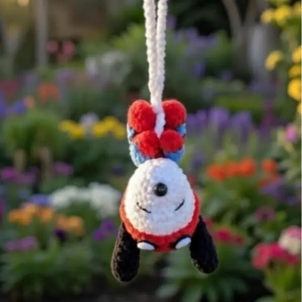 Spider Dog Hero Crochet Car Charm Is a Cute Handmade Style Rearview Mirror Ornament for Car Decor and Small Gifts