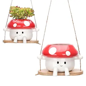 Mushroom Swing Face Planter Pot, Hanging Ceramic Flower Head Planters for Indoor Outdoor Plants, Succulent Pots for String of Pearls Plant, Live Gift Ideas