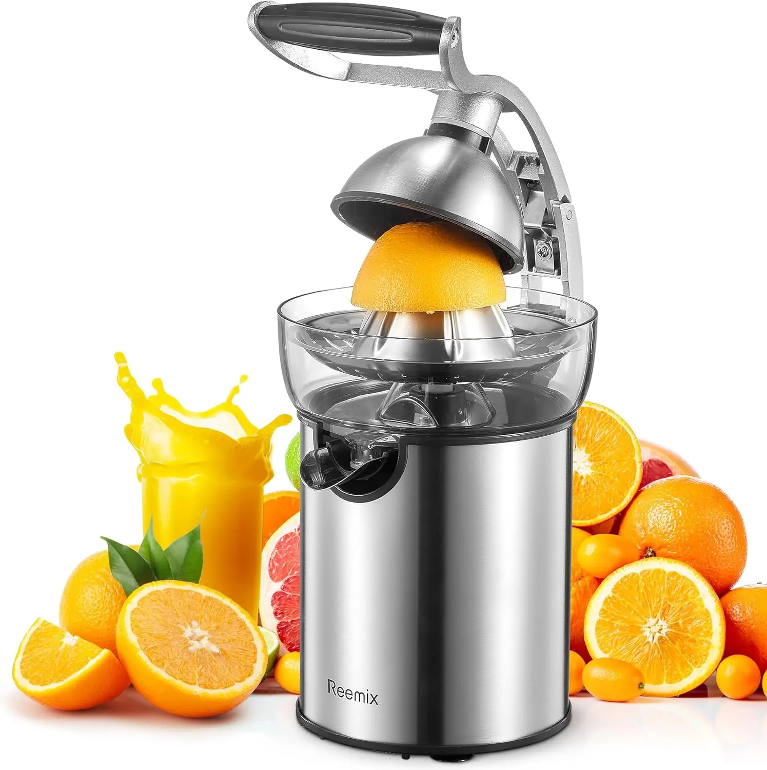 Reemix Electric Citrus Juicer Squeezer with Zine Alloy Die Casting Shell, Two Interchangeable Cones for Oranges of Any Size, Powerful Orange Juicer
