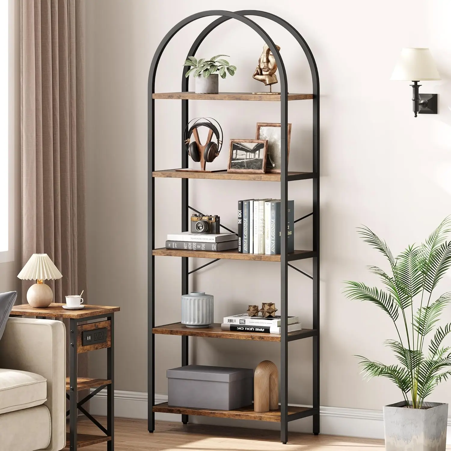 71" Tall Arched Bookshelf, Modern Open Bookcase with Metal Frame, 5-Tier Industrial Etagere Shelf for Living Room, Office, Bedroom - Anti-Tip Kit Included, Gold/Black Frame with Wood Shelves