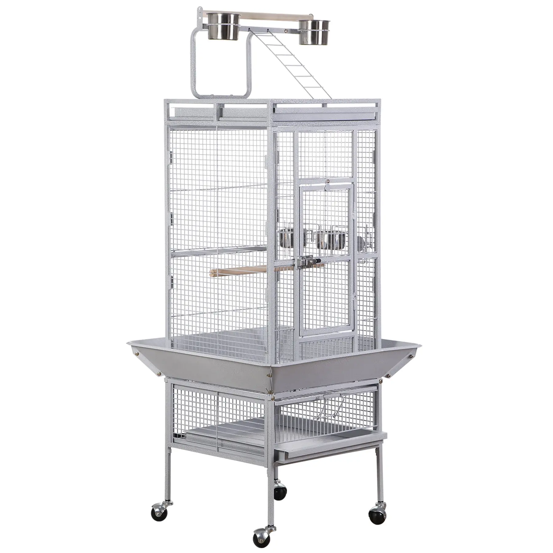 Segawe 61in Wrought Iron Parrot Cage with Portable Rolling Stand, Removable Tray, Wood Accents, Playtop Access, Easy Assembly, Parakeet Cage Setup - White Pet Bird Enclosure, Removable Tray Makes Cleaning Simple