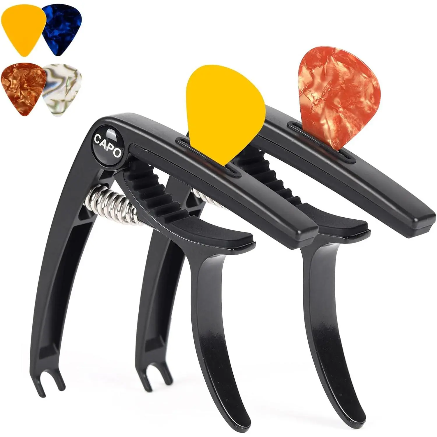 6-String Guitar Capo for Acoustic & Electric Guitars - Universal Clamp with 4  Picks - Compatible with Ukulele, Banjo, Mandolin (2P Black)
