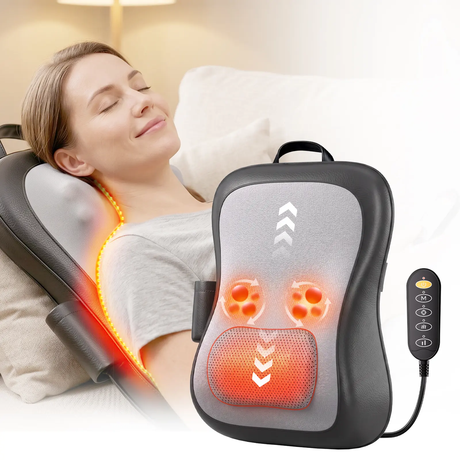 Shiatsu Back & Neck Shoulder Relaxer Massage Chair Pad with Heat, Deep Tissue Kneading Massage Device for Pain Relief, Remote Control, Adjustable Strap, Faux Leather, Adults’ Fathers Day Gift