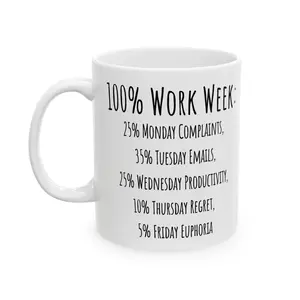 Funny Work Week Coffee Mug, 100% Work Week Breakdown Mug, Office Humor Cup, Coworker Gift, Monday Complaints Tuesday Emails Mug, Office Gift Idea