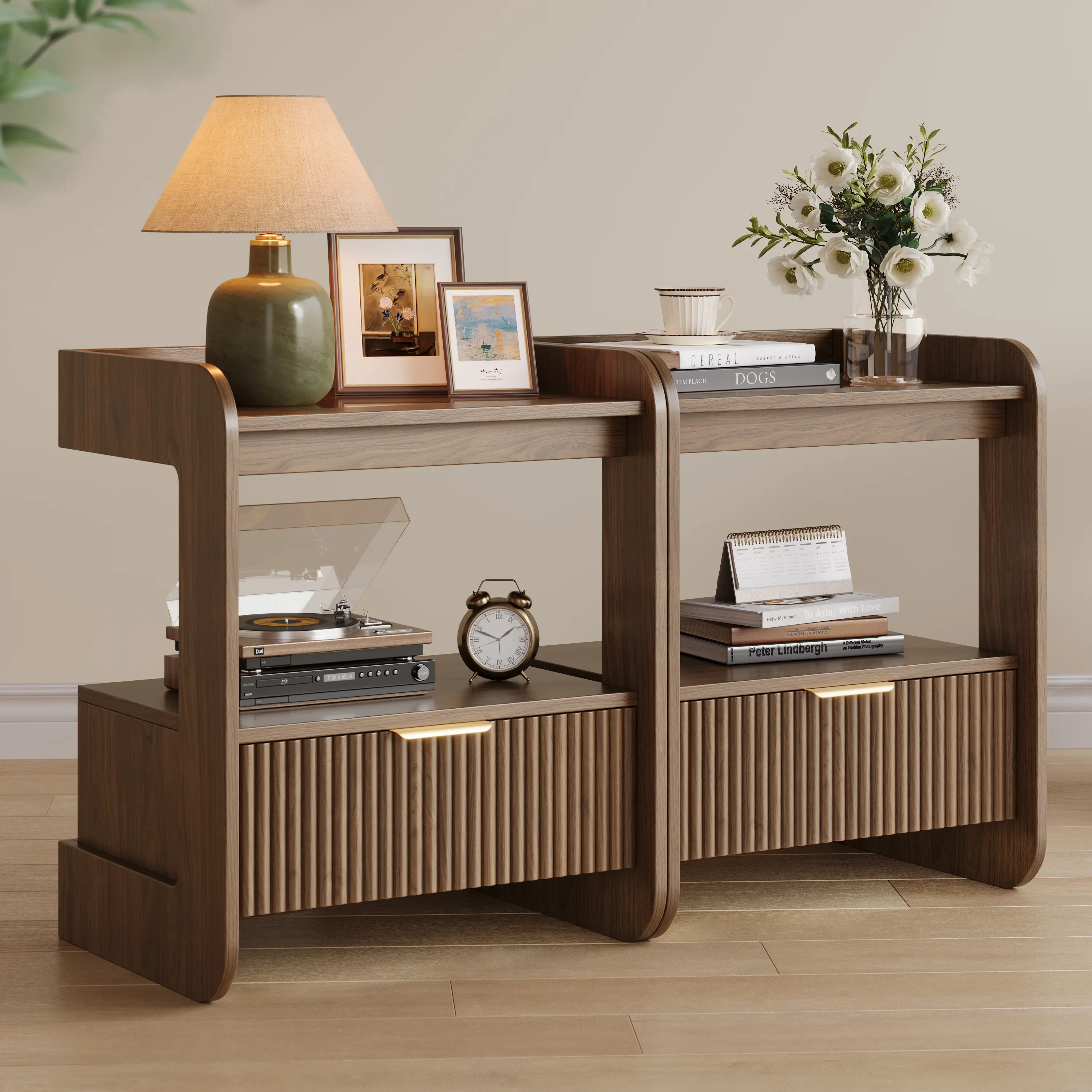 TOKSOM 2-Piece Bedroom Nightstands Set, Modern Wooden Bedside Table with Fluted Accents, Mid-Century Furniture with Drawer & Open Shelf for Home, Small Spaces & Room Decor (White/Walnut/Black)