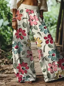 Women's Floral Print Casual Wide Leg Bohemian Long Pants, Comfortable Breathable Elastic Fabric, Ideal for Vacation, Home, Daily Wear, Suitable for Spring, Summer, Fall