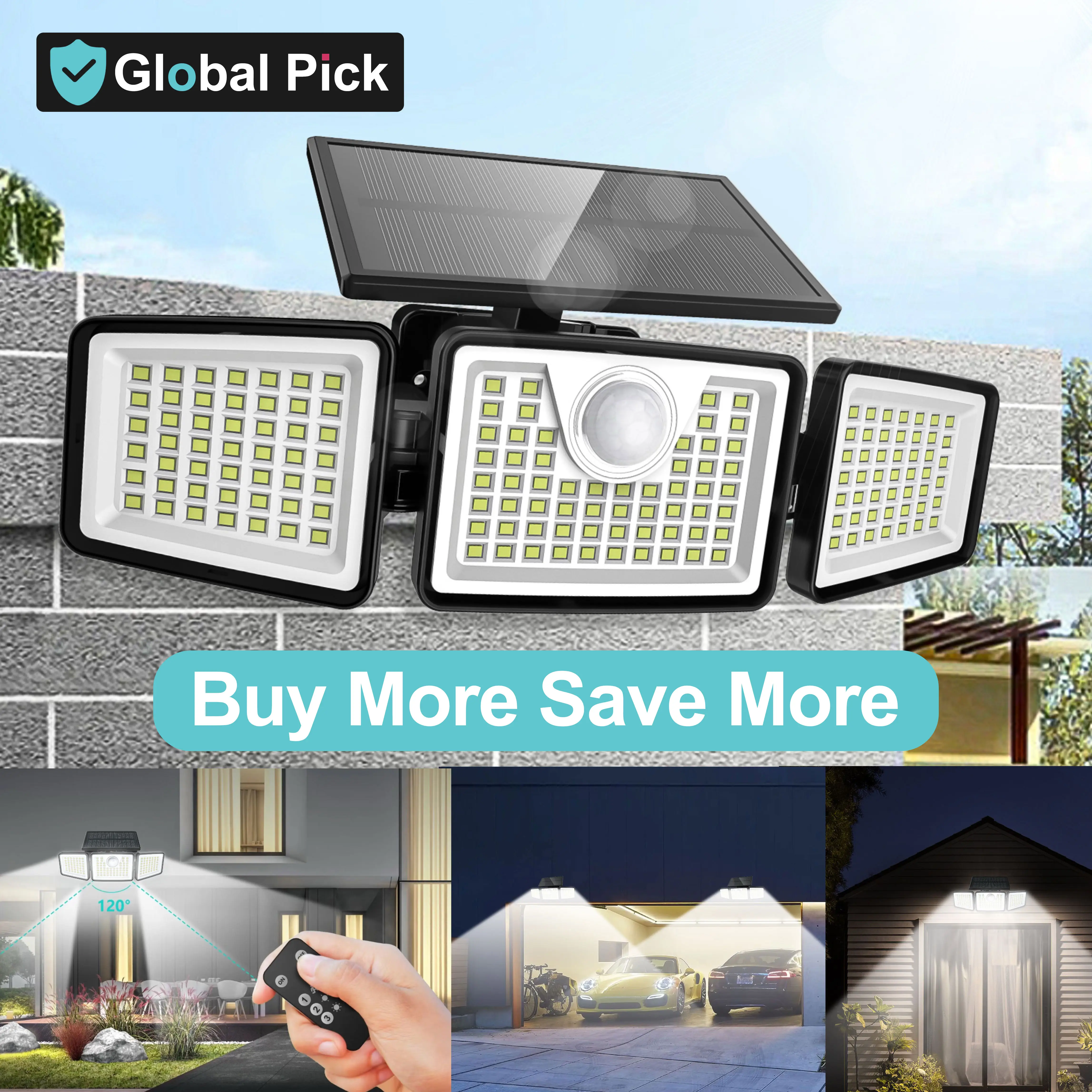 Daphino Solar Outdoor Lights 2500LM Security Lights, 3 Heads Dimmable SpotLights with 3 Modes, IP65 Waterproof