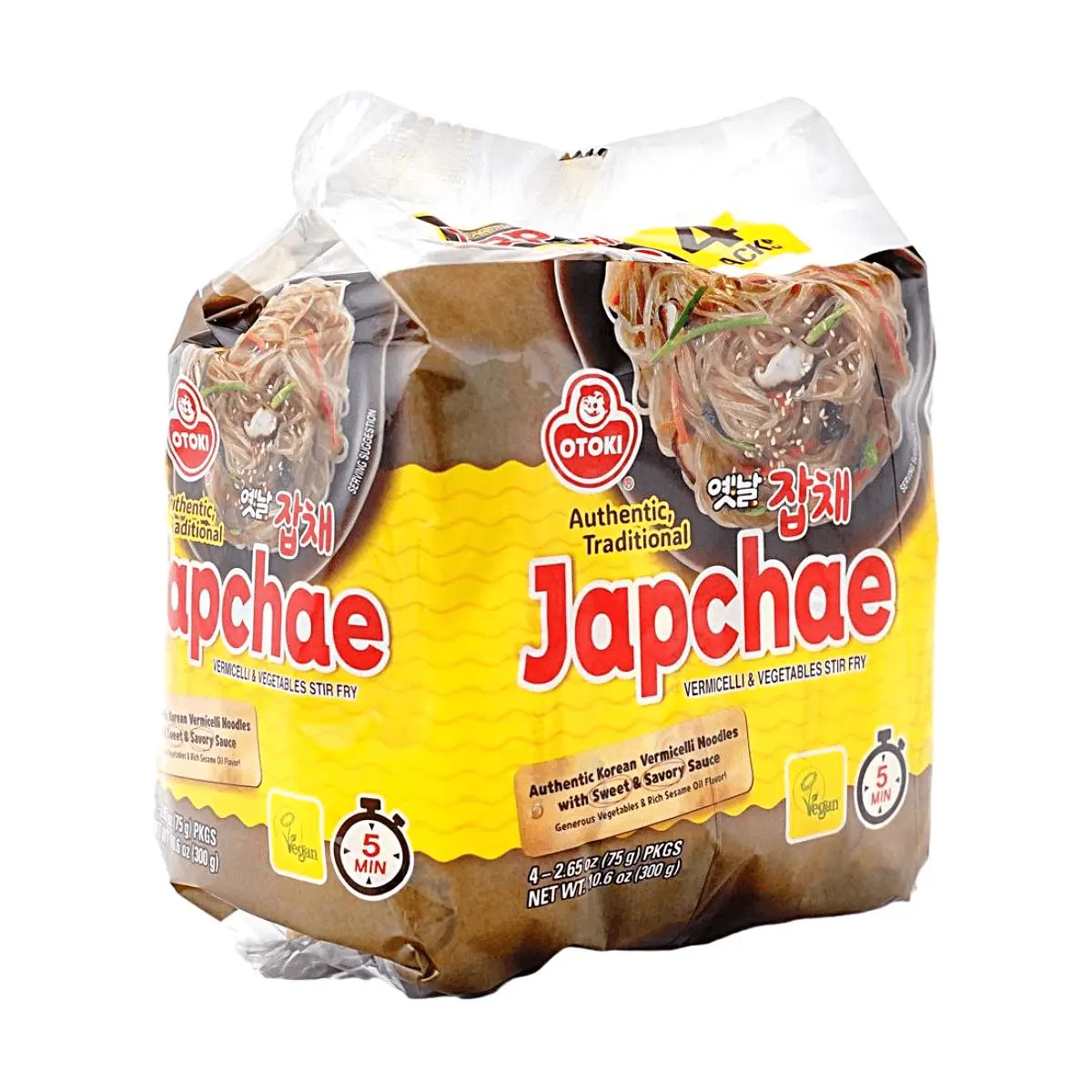 OTTOGI Korean Japchae Stir-Fried Noodles 75g x 4 Packs (300g) - Authentic Korean Glass Noodles with Vegetables, Quick & Easy Meal
