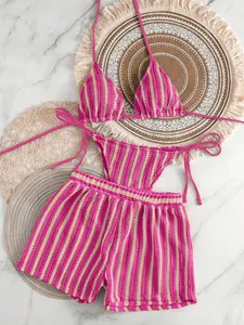 Boho Knit Three-Piece Swimsuit, Striped Halter Summer Bikini with Matching Shorts, Slimming Beachwear for All Seasons, Casual Fitted Style