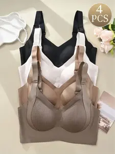 Women's Wireless Push-Up Set, Comfortable Fitted Design, Adjustable Straps, Medium Support, Casual All-Season Underwear, 4 Pack Adjustable Multiway Bras, Seamless Bra Set