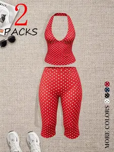 Women's 2 Pack Polka Dot Set Outfit Summer, Halter Neck Deep V Crop Top & High Waisted Capri Leggings, Y2K Retro Chic Streetwear for Teens