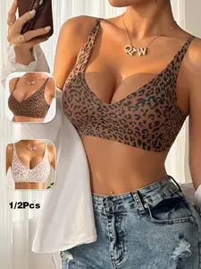QIW Womens Leopard Print Wireless Jelly Bra Seamless Buttery Soft Natural Lift Full Coverage Adjustable Straps Comfort Everyday Bra 1 or 2 Pack Multipack【A】