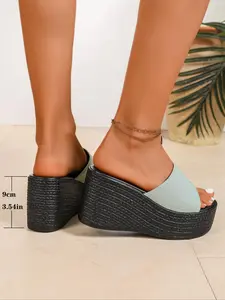 Women's Fashionable High Wedge Open Toe Slide Sandals, 9cm Platform Casual Party Beach Shoes, PU Leather Summer Footwear, Classy Sandals