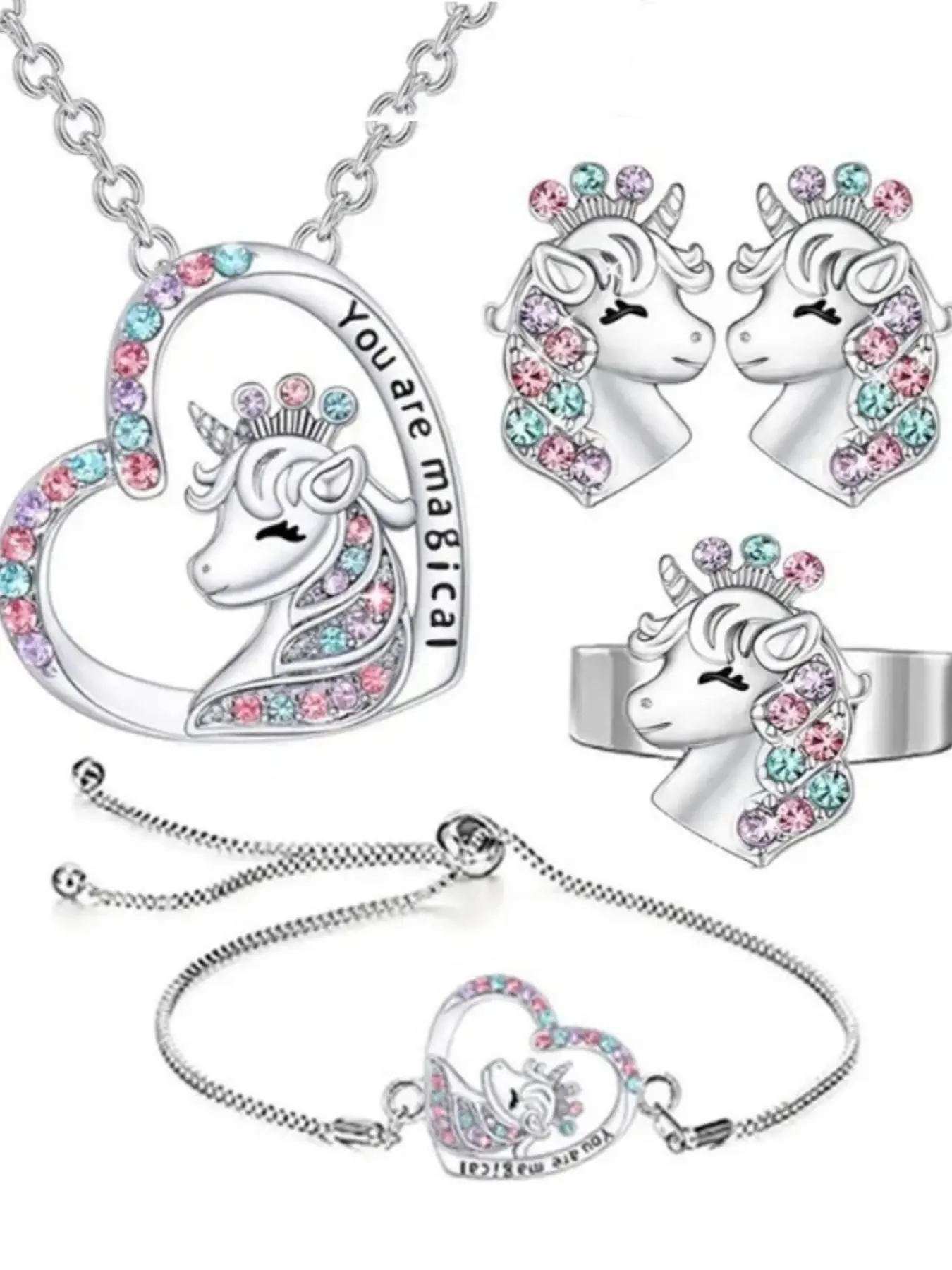 Rhinestone Unicorn & Heart Shaped Jewelry Set, Pendant Necklace Bracelet Earrings Bangle (5counts/set), Fashion Jewelry, Cute Jewelry, Fashionable Jewelry Set, Matching Jewelry Set for Party, Daily, Birthday Gift