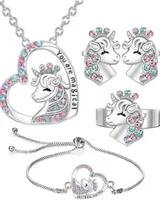Rhinestone Unicorn & Heart Shaped Jewelry Set, Pendant Necklace Bracelet Earrings Bangle (5counts/set), Fashion Jewelry, Fashionable Jewelry Set for Party, Daily, Birthday Gift