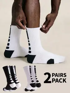 2 Pairs Sport Mid-Calf Athletic Running Socks Striped, Thickened Heel Toe, Shock Absorption, Professional Sports Style, Basketball Practical Use
